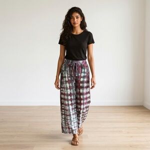 Handmade Ice Dyed Linen Blend Wide Leg Pants and Elastic Waist